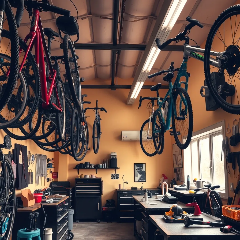 Un negozio di biciclette, con le bici appese al soffitto e il banco da lavoro