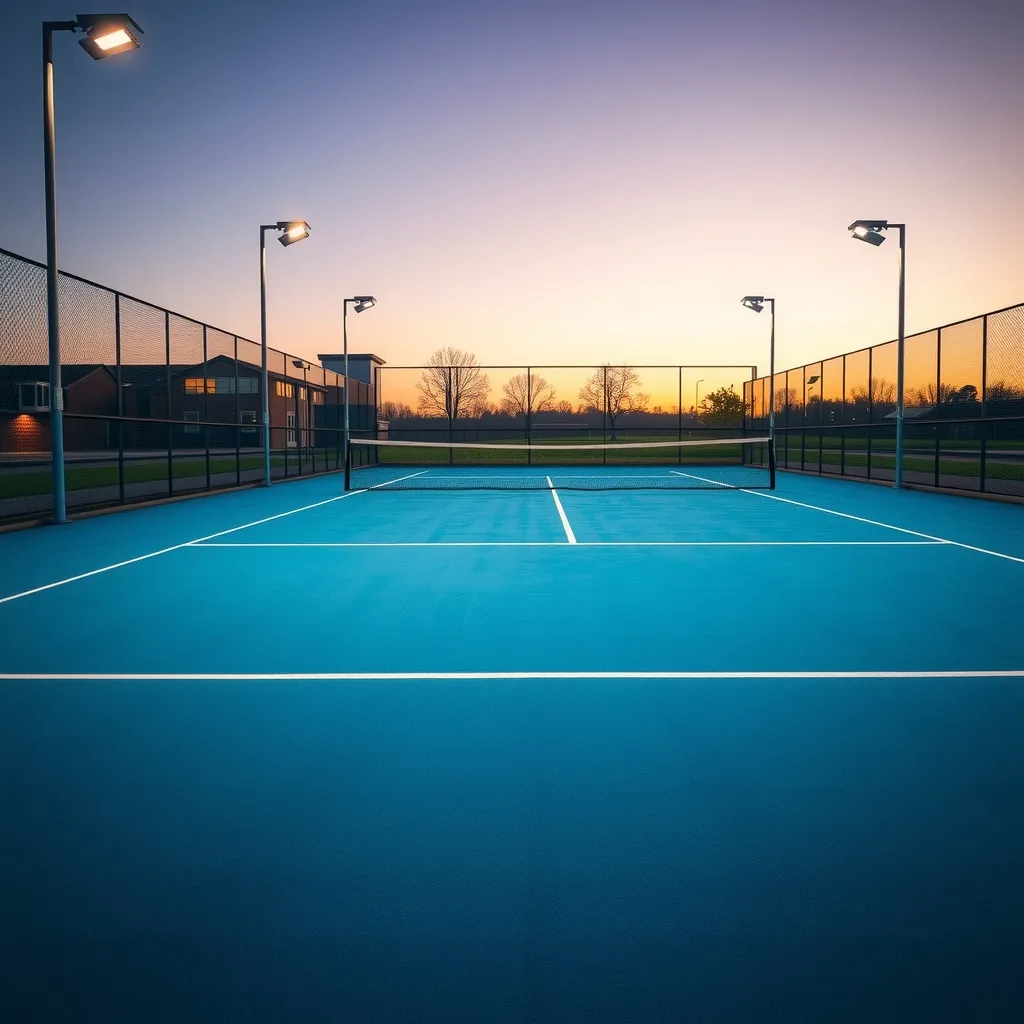 Un campo da gioco al tramonto, con le luci accese