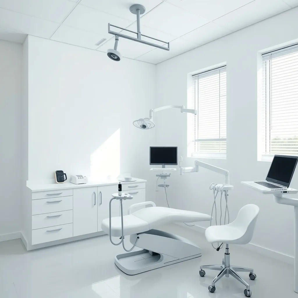 La sala di uno studio dentistico, con la poltrona e la lampada