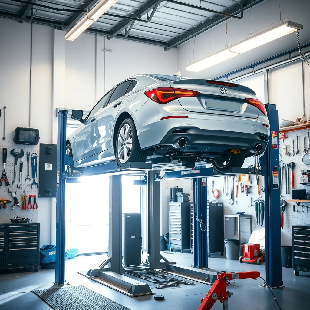 Un'officina, con l'auto sul ponte e gli attrezzi appesi