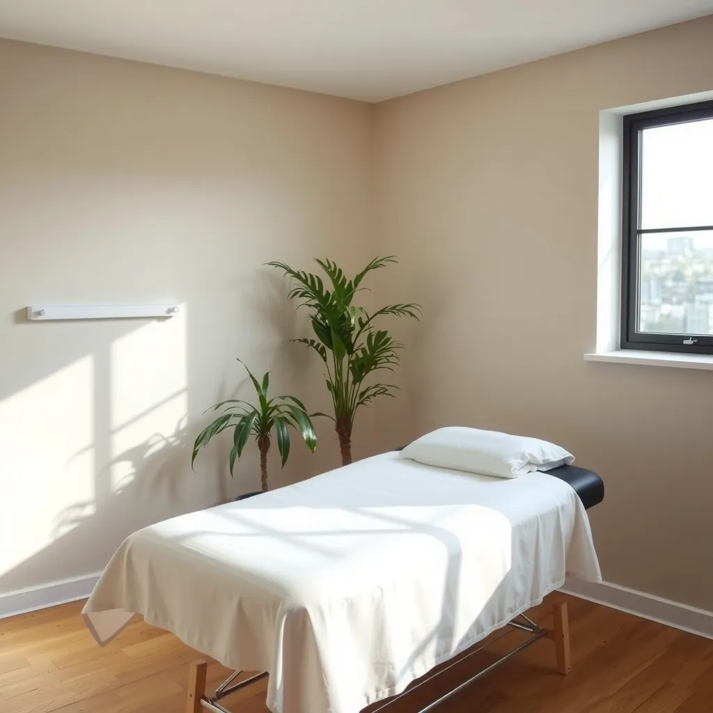 Lo studio di un osteopata, con il lettino davanti alla finestra