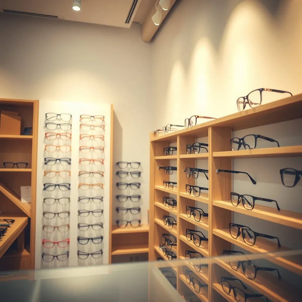 Il muro espositivo di un'ottica, con gli occhiali sui ripiani di vetro