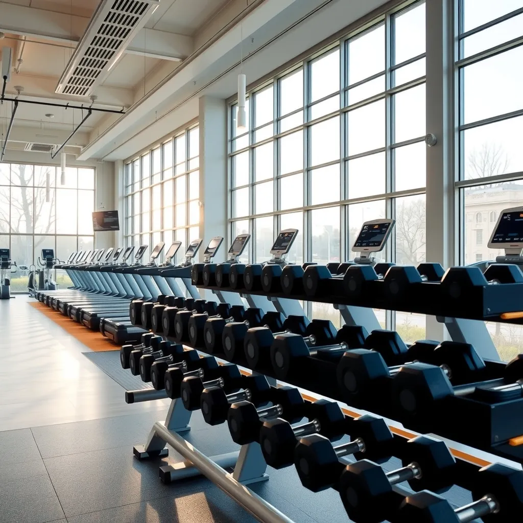 Una palestra al mattino, con la rastrelliera dei manubri e i tapis roulant