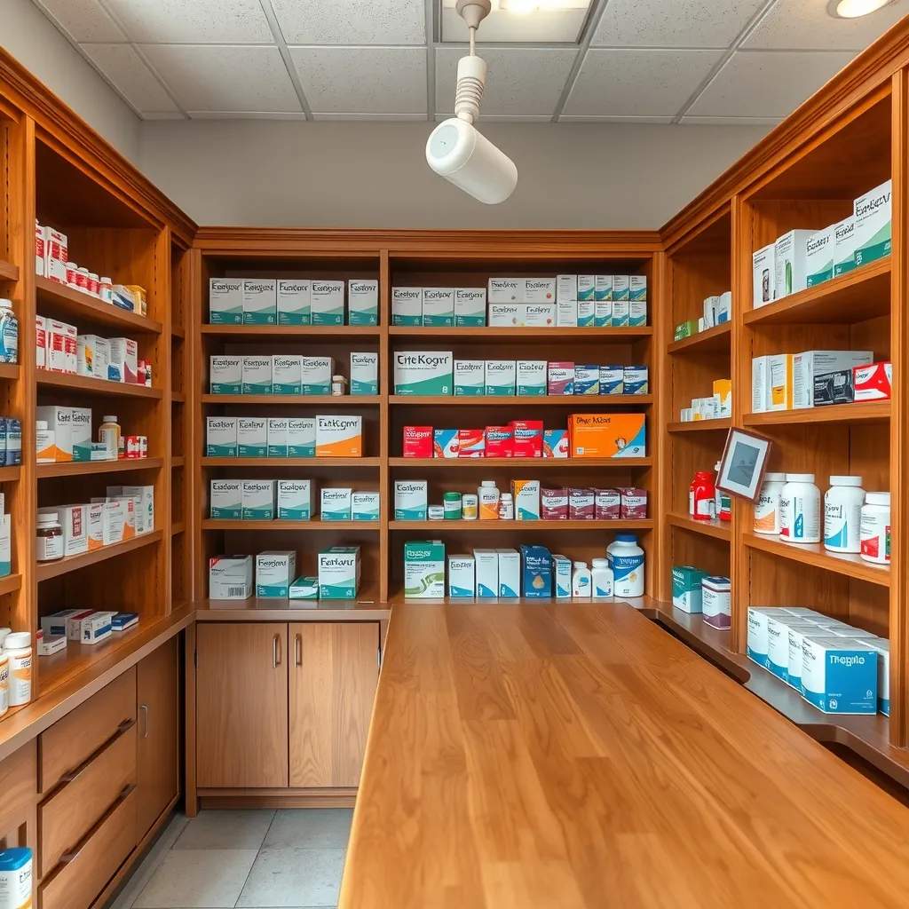 Il banco di legno di una farmacia e gli scaffali con le scatole