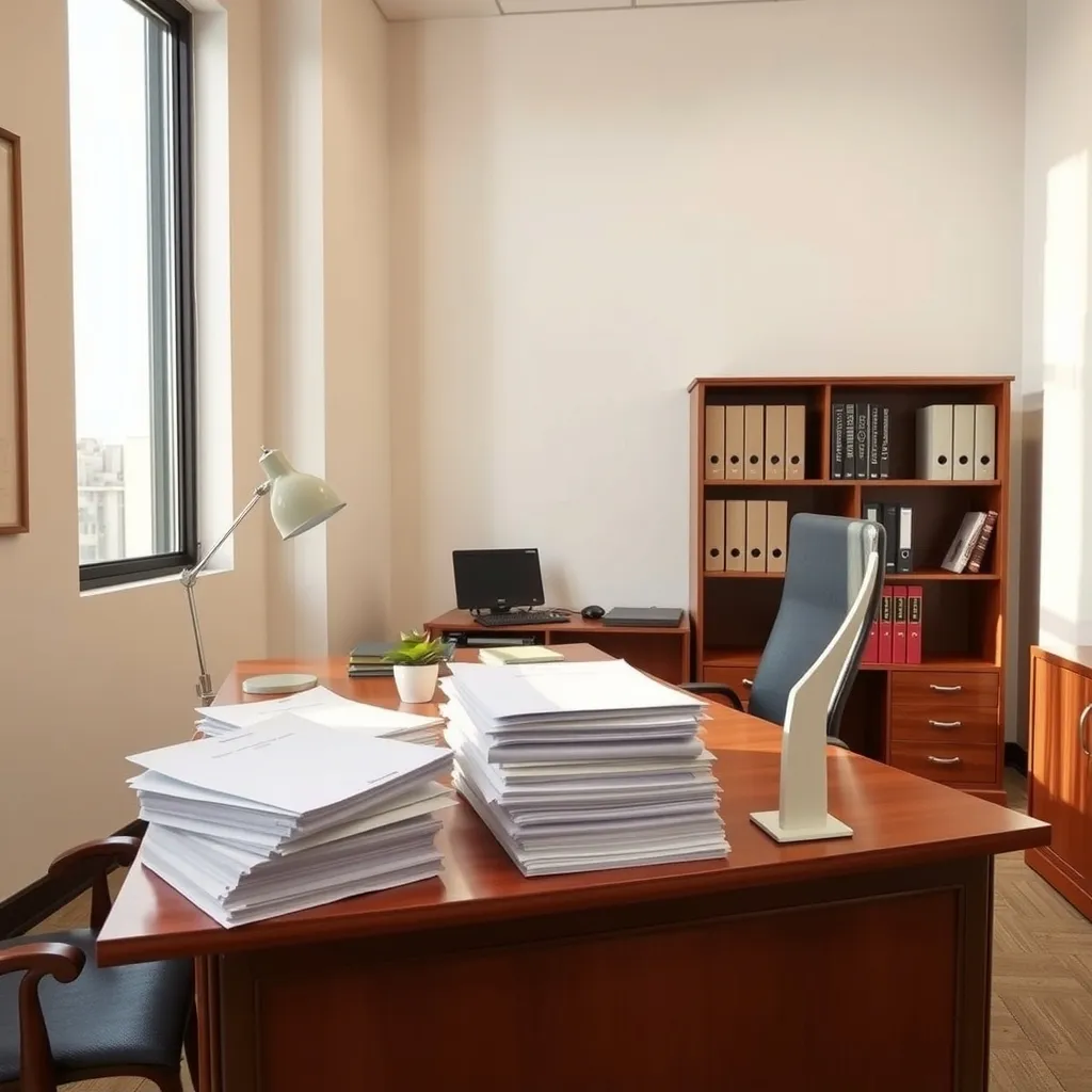 La scrivania di uno studio, con le pratiche e la lampada